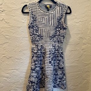 BCBG fit and flare blue and white knit dress